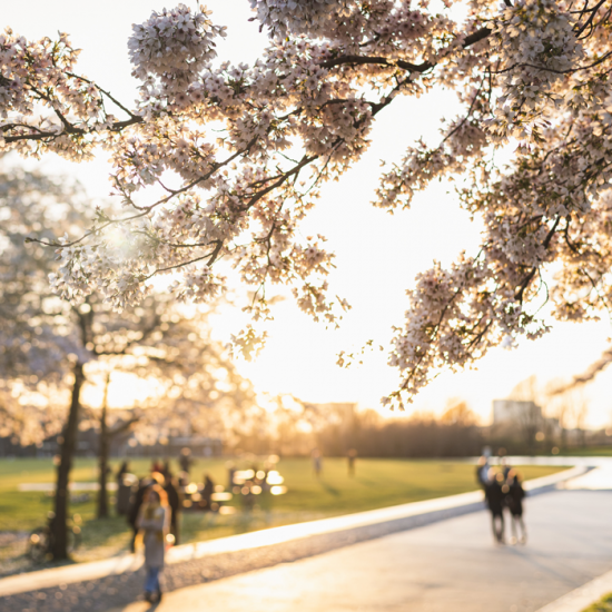 People walk on paved path surrounded by blooming trees.