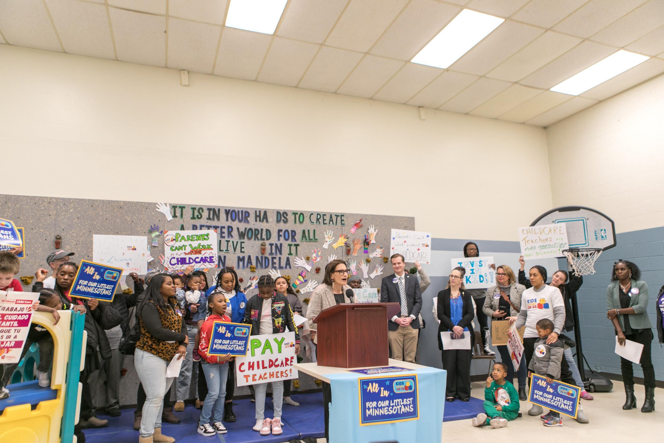 Lieutenant Governor, Penny Flanagan speaking at Wilder's Day Without Childcare press conference, voicing her support for the future generation.