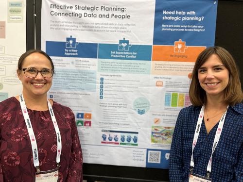 Amanda Petersen and Anna Granias present their poster on strategic planning at the American Evaluation Association 2024 conference.